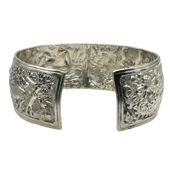 Tibetan Silver Bangle Cuff Bracelet with Peacocks, Love Birds and Deer Scenes - Picture 6 of 11